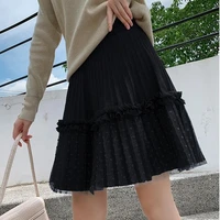 high waisted pleated lace mesh puffy princess skirt short small and large length knitted skirt with loose hair