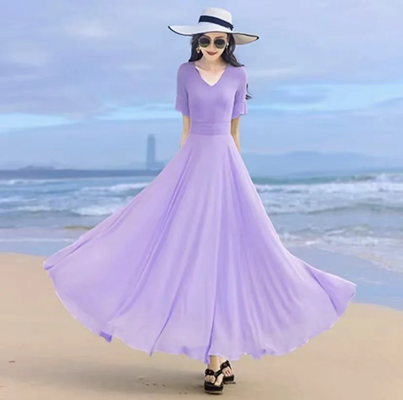 

Однотонное шифоновое платье, женское лето 2022, новое пляжное богемное длинное платье с V-образным вырезом и рукавами-колоколом, облегающее повседневное элегантное платье