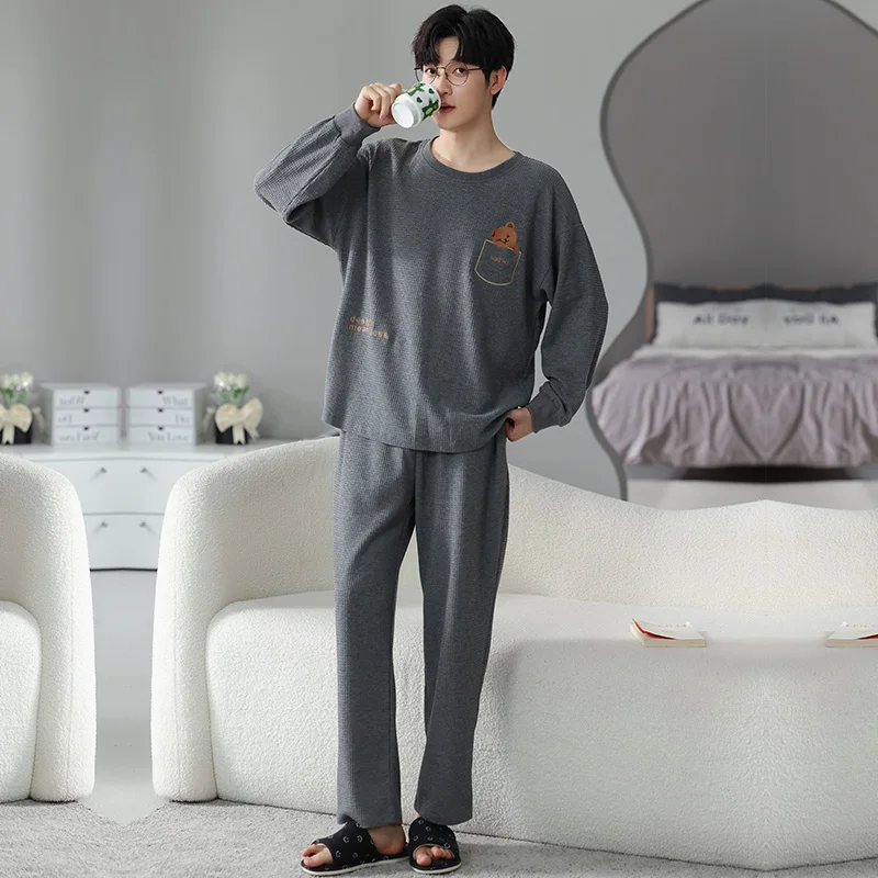QUHENG Autumn Winter Men‘s Cotton Pajamas Set Long Sleeved Nightwear Home Wear Suits Simple Fashion Sleepwear Men Home Clothing