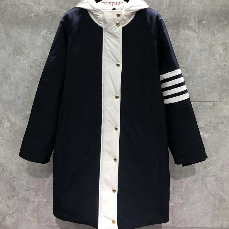 TB THOM Men's Jacket Coat Patchwork Gold Button Classic Streipd Design Coat Luxury Brand Winter Coat Hooded Women Outerwear Coat