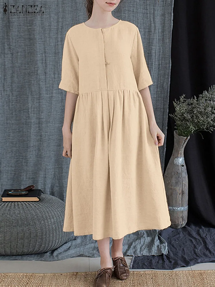 

Платье ZANZEA женское свободного кроя, повседневный Однотонный сарафан-багги в винтажном стиле, с коротким рукавом, плиссированная одежда для отдыха, большие размеры