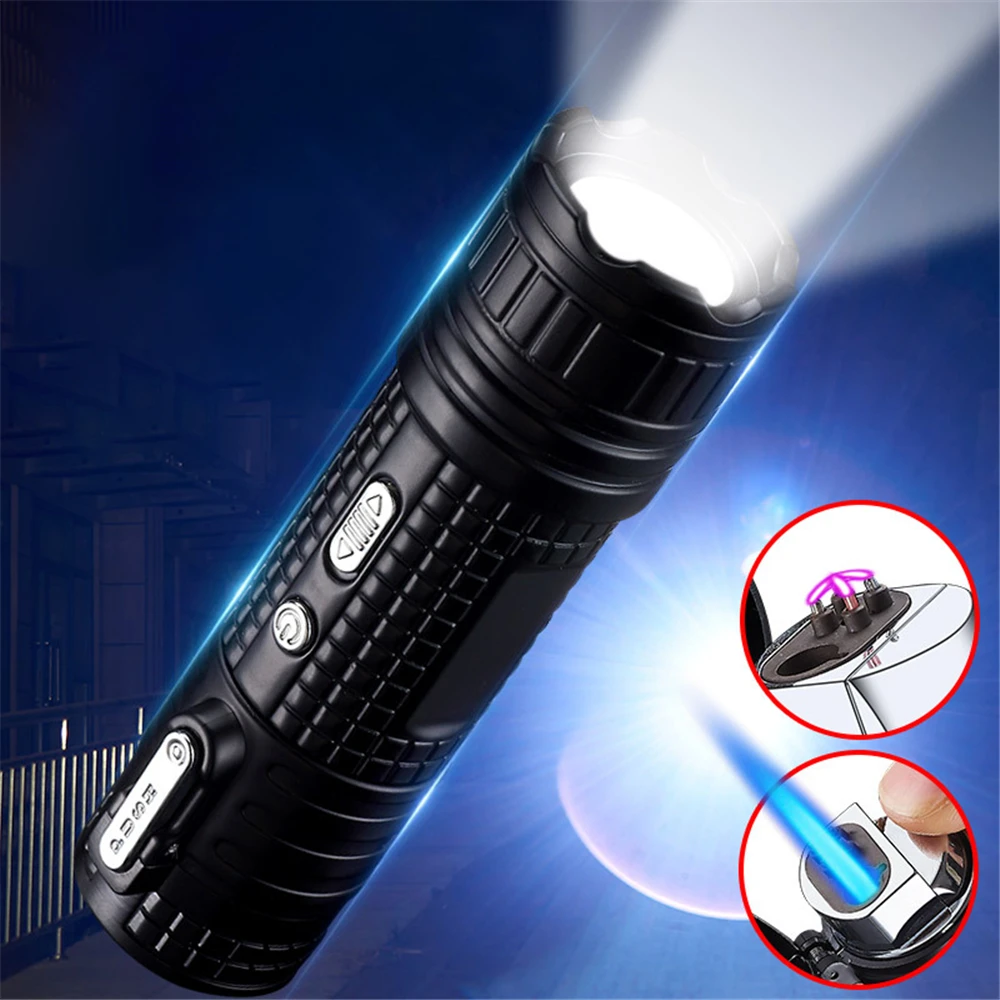 

Lighter With Flashlight Dual Arc Waterproof USB Windproof Butane Gas Jet Flame With Flashlight Torch Lighter Cigaratte Supplies
