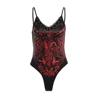 new goth sexy v neck rivet bodysuit aesthetic punk dragon print skinny backless red jumpsuit y2k e girl goth clothing goth top