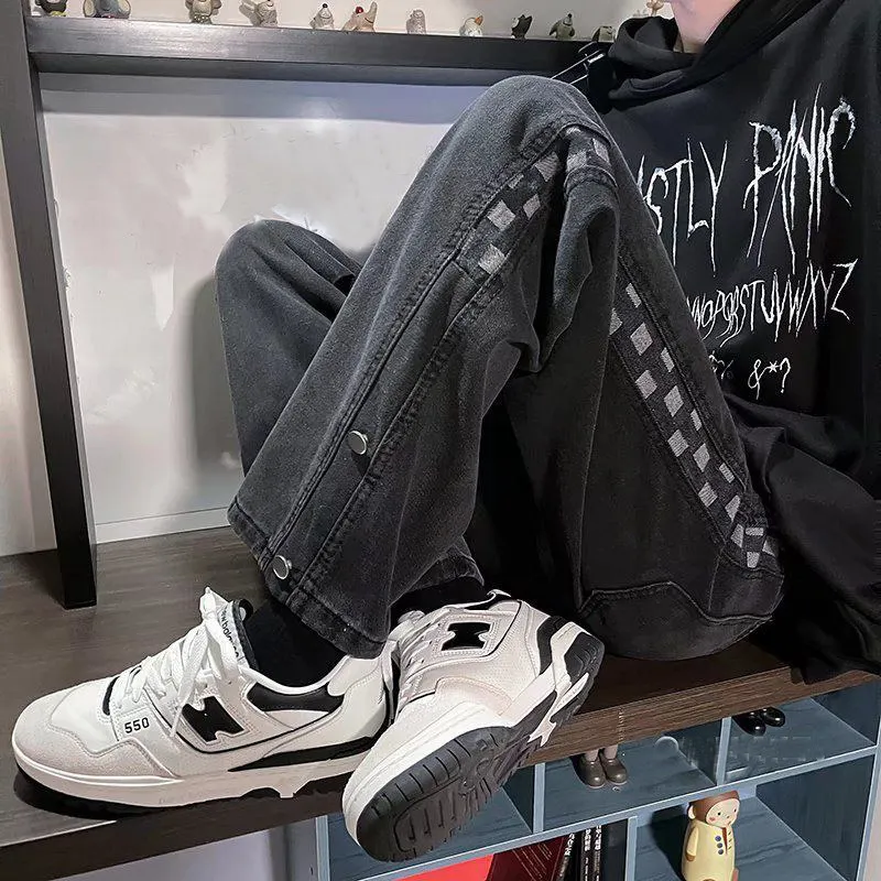 Men's Retro Harajuku Chessboard Print Patchwork High Street Loose Straight Wide Leg Denim Trousers Male Casual Baggy Jeans Pants