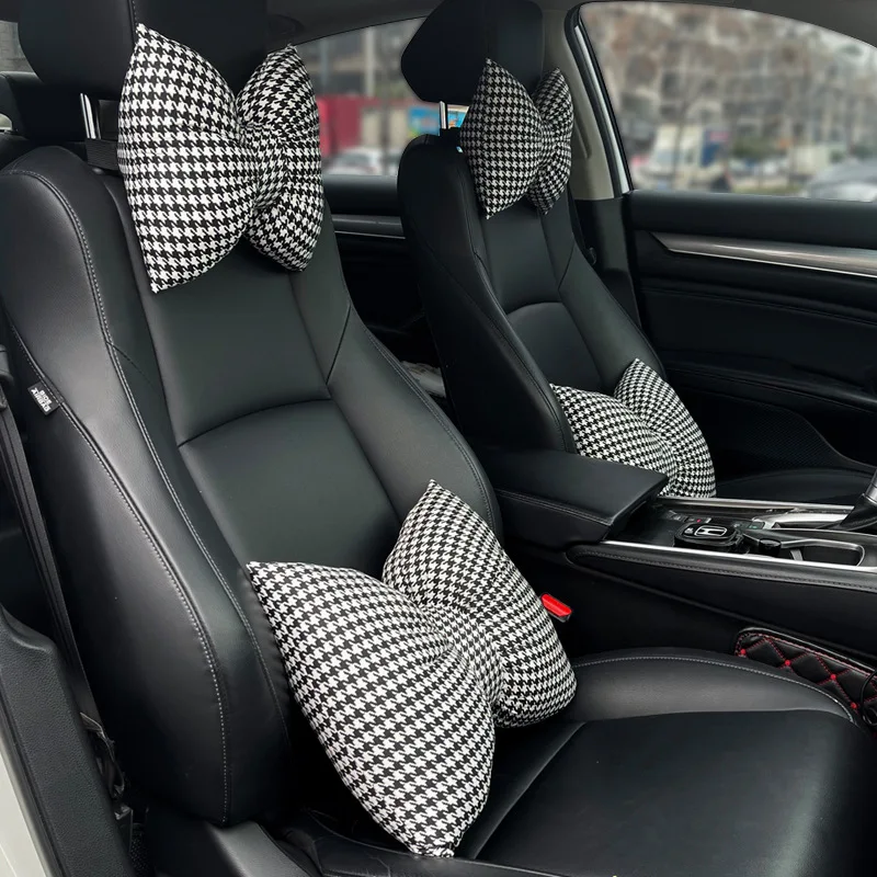 

Car Headrest Neck Care Supplies Bird Grid Cute Bow Decorative Female Car Pillow