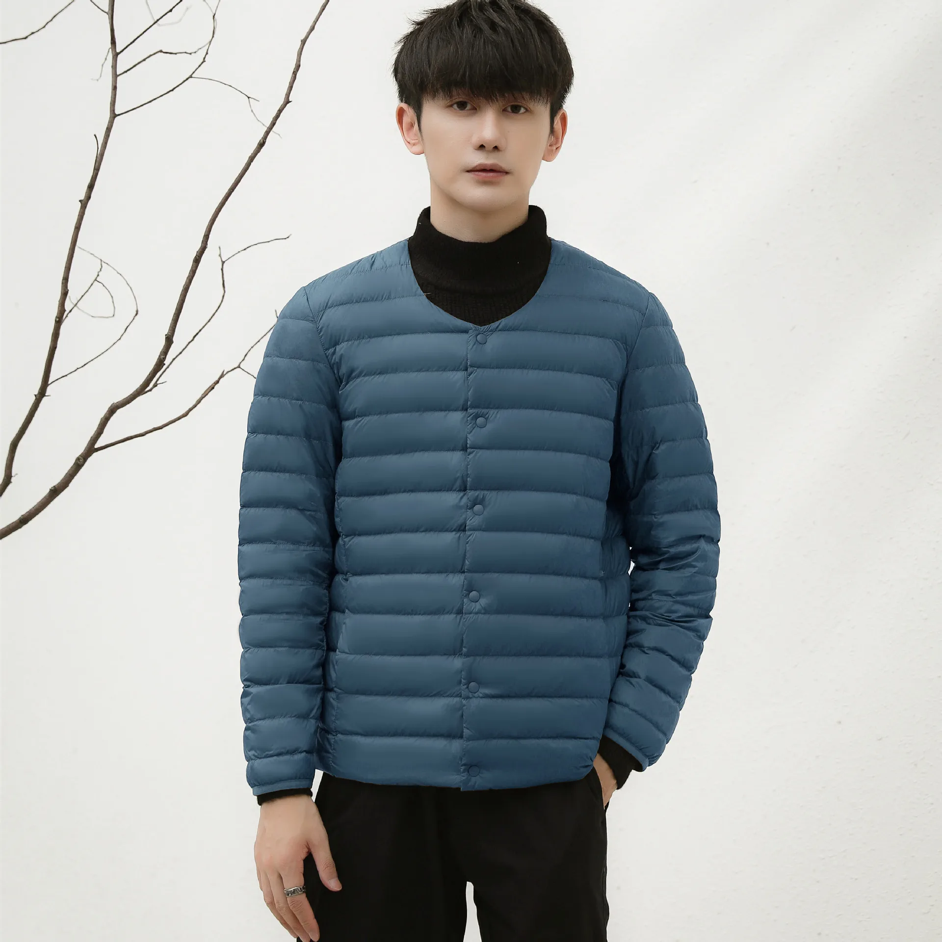 90 velvet men's thin down jacket four seasons new collarless short thin light casual clothes white duck down inside a warm coat