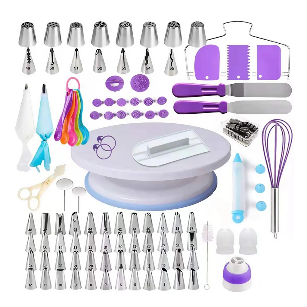 

137pcs set Baking Turntable Set Pastry Decorating Piping Tips Scrapers Scraping Reusable Kitchen Accessories with Cleaning Brush