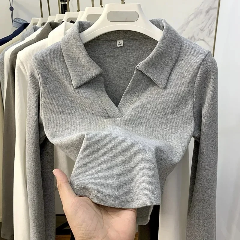 Женская футболка с длинным рукавом и воротником-поло