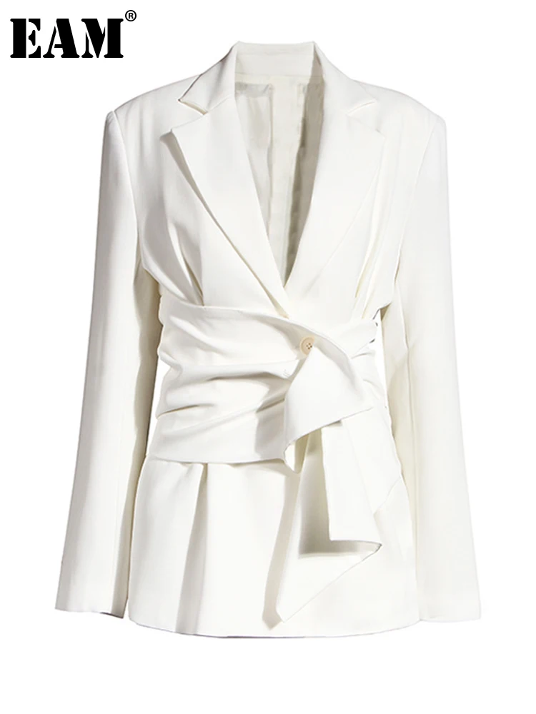 [EAM]  Women White Belted Pleated Irregular Big Size Blazer New Lapel Long Sleeve Jacket Fashion Spring Autumn 2023 1X343