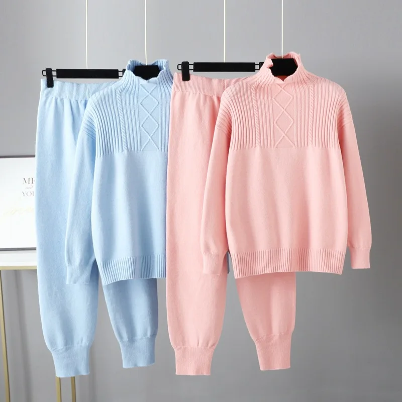 

2 Pcs Set Women Knitted Tracksuit Turtleneck Sweater + Carrot Jogging Pants Pullover Sweater Sets Thick Harem Pant Suits Outfits
