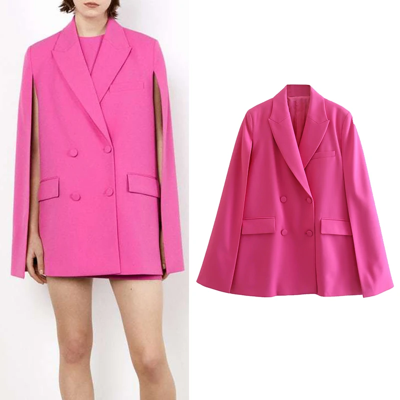 

Spring 2022 Women Pink Cape Style Casual Blazers Notched Collar Double Breasted Outerwear Female High Street Solid Tops CD8369