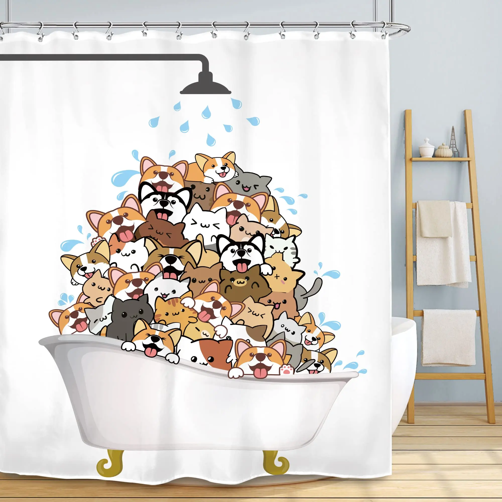 

Cats and Dogs Shower Curtain Raining Cartoon Corgi Cute Animal Hilarious Pet Playing Water Polyester Waterproof Bathroom Curtain