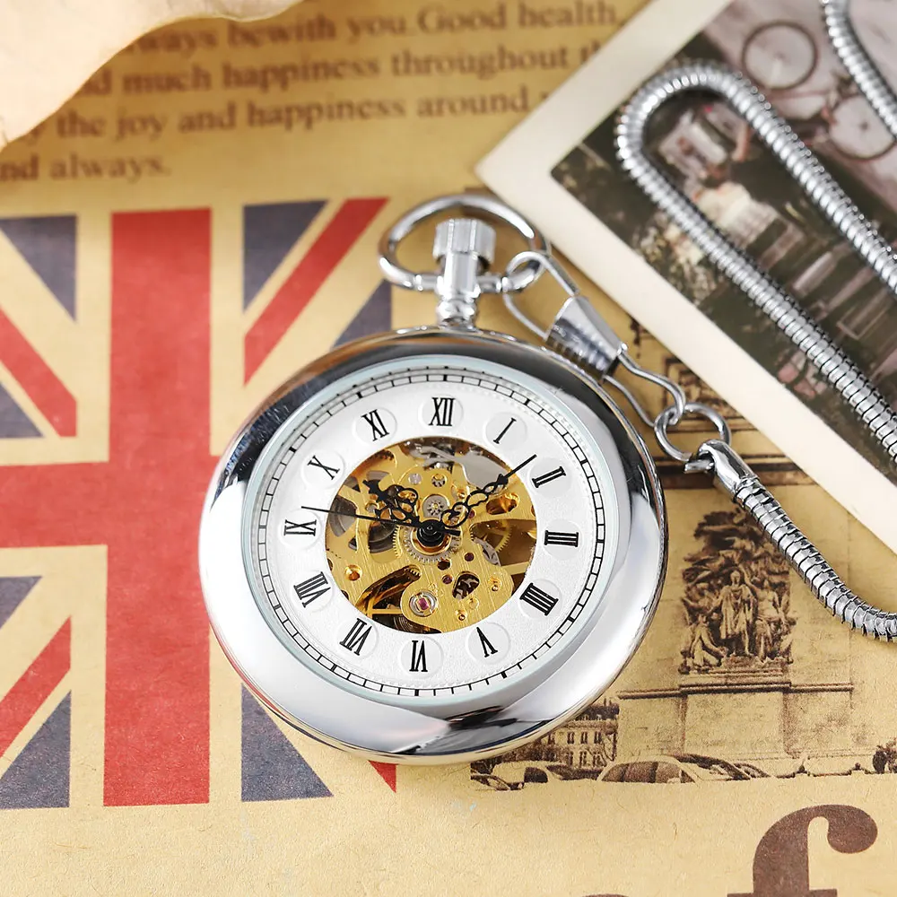 Luxury Golden Smooth Mechanical Pocket Watch Roman Numerals Hand Winding Pocket Watch Stainless Steel Fob Clock Chain Pendant