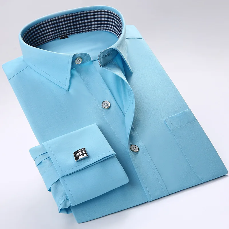 

Fashion Formal French Cufflinks Shirt Men's Long Sleeve Tuxedo Male Brand Slim Fit Button Cuff Men Dress Shirts Party Wedding