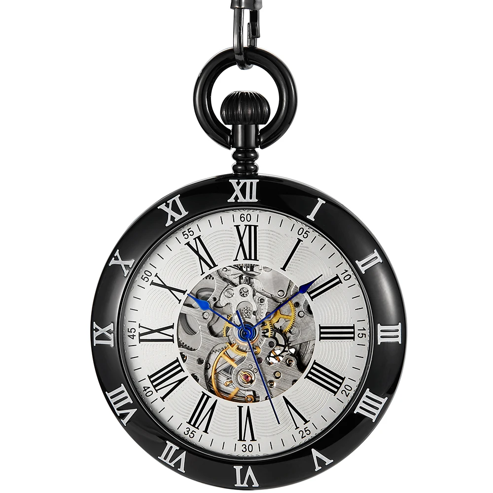 Luxury Automatic Mechanical Pocket Watch Men Roman Dial Stainless Steel Steampunk Skeleton Clock Women Fob Chains reloj hombre