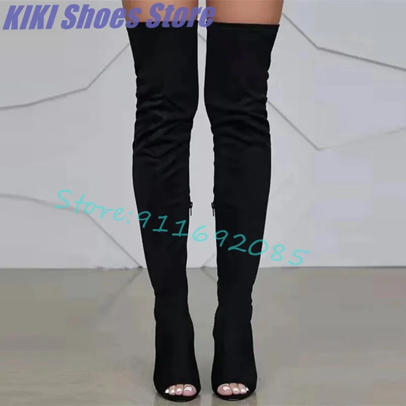 

Женские сапоги выше колена, с застежкой-молнией сбоку, высокие сапоги с открытым носком, на шпильке, Сапоги выше колена большого размера