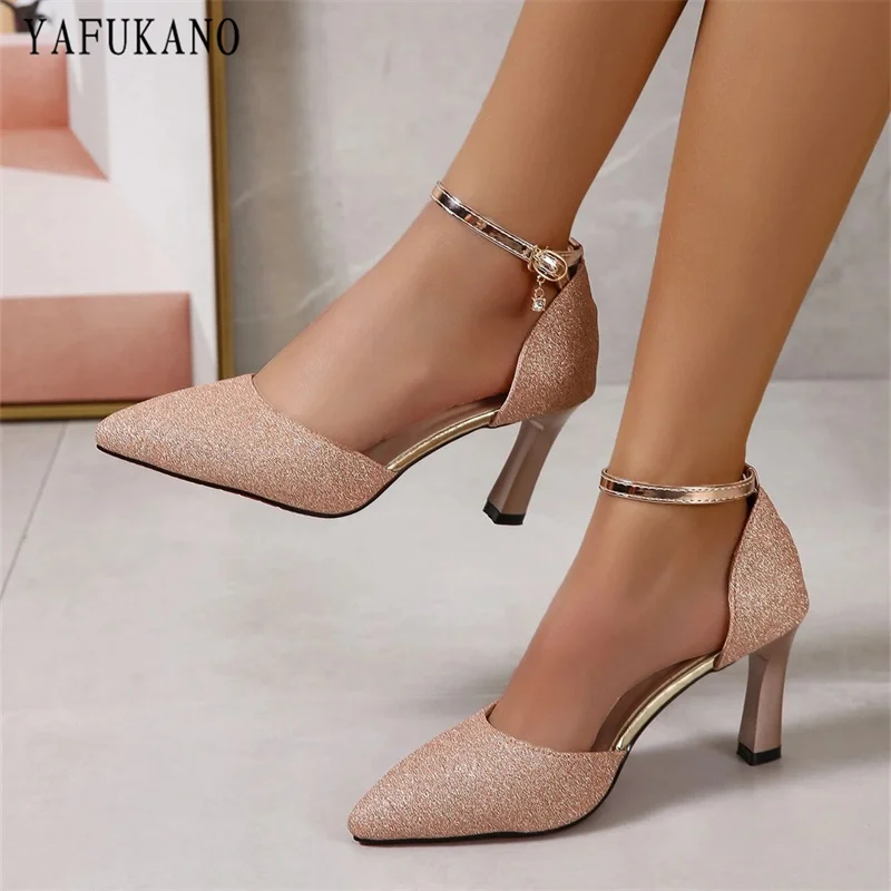 

Shiny Bling Point Toe Stiletto Heeled Ankle Strap Pumps Elegant Party Wedding Shoes Temperament Mid Hollow Women Sandals Size 33