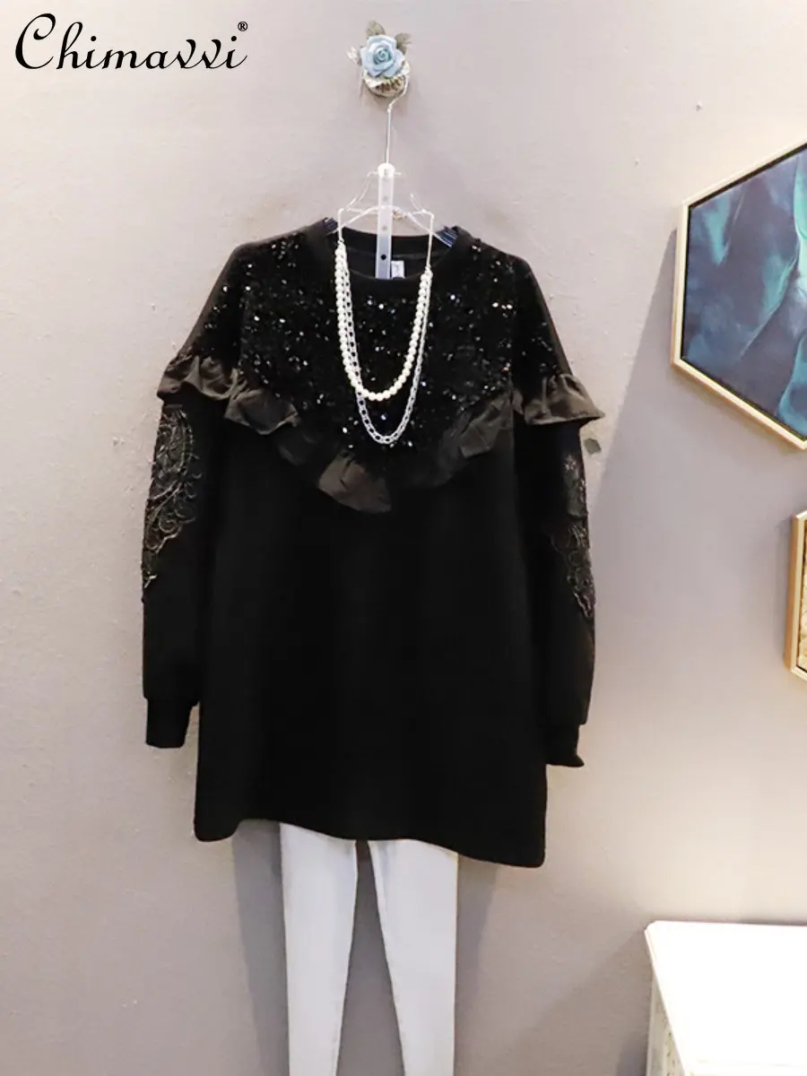 

Женское свободное однотонное платье-свитшот, новое модное корейское платье-свитшот с блестками и оборками, платье с круглым вырезом, осень ...