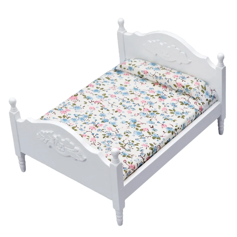 

Miniature Dollhouse Accessories, Mini Double Bed Home Bedroom Furniture Dollhouse Miniature Model Toy Ornament