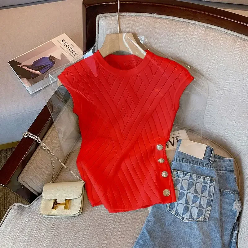 Элегантная женская футболка без рукавов во французском стиле новинка 2024 вязаный