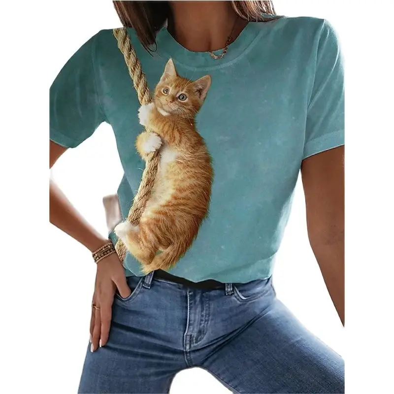 

2022 nuevas camisetas de moda de verano para mujer lindos gatos 3D estampado basic cuello redondo manga corta comfort camisetas