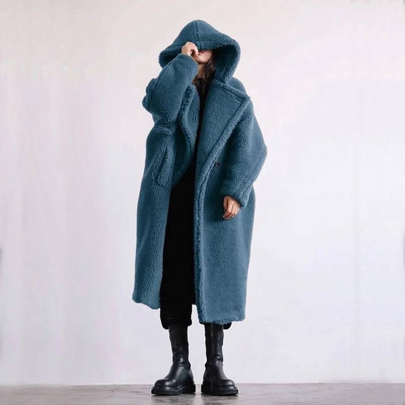 Female Warm Oversized Jacket  Fur Coats 2022 Teddy Bear Coat Winter Clothes For Women Black Belted Wool Coat  Hooded Long Parkas