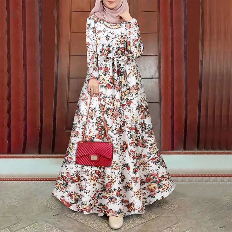 Elegant Floral Muslim Dress Women Printed Sundress Kaftan Turkey Abaya Hijab Vestidos Belted Female Robe Islam Clothing