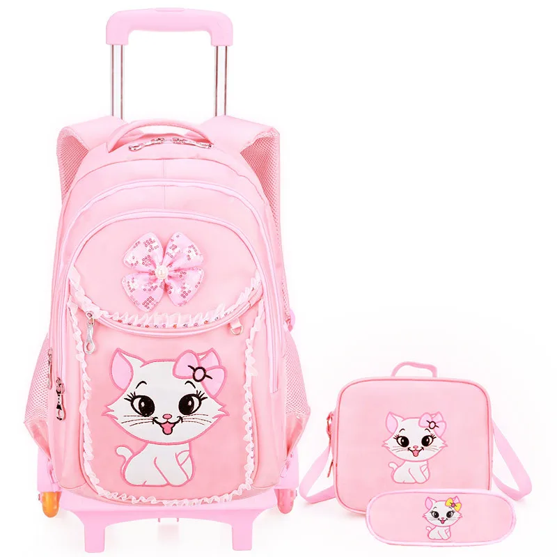 Removable Children School Bags Trolley school Backpack set Wheel School Bag Grils cat cartoon Kids backpack princess Schoolbag