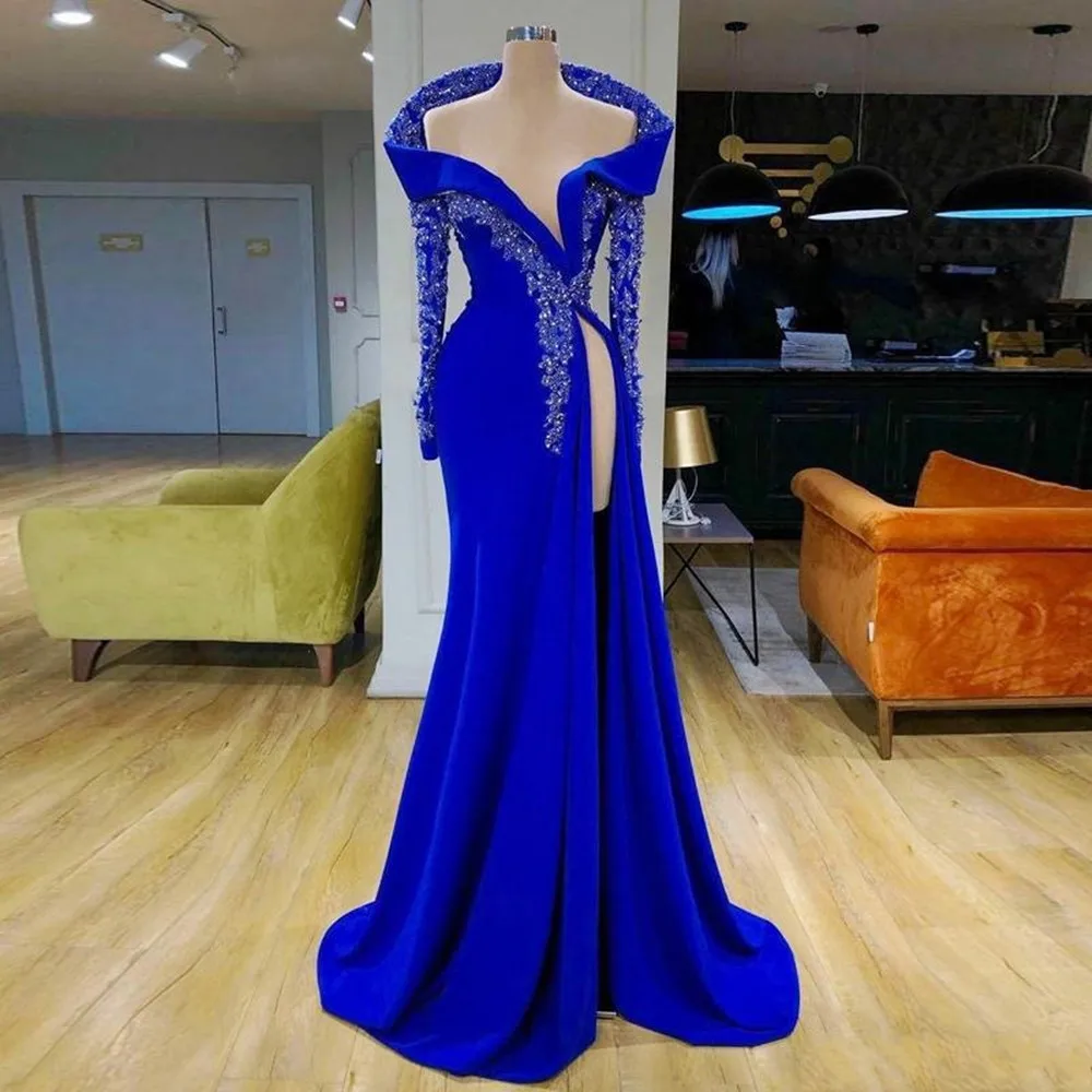 

Женское вечернее платье с открытыми плечами, темно-синее платье с бусинами и Боковым Разрезом, на заказ