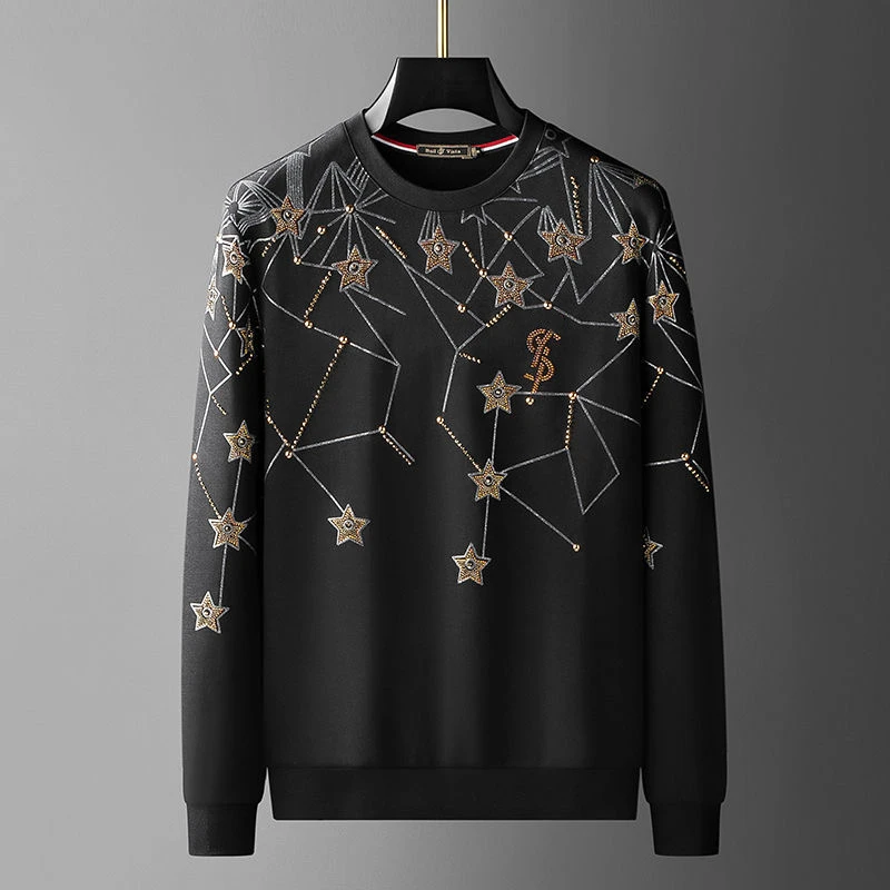 

High end light luxury star hot diamond print Pullover men's fashion leisure round neck sweater men's autumn new style top