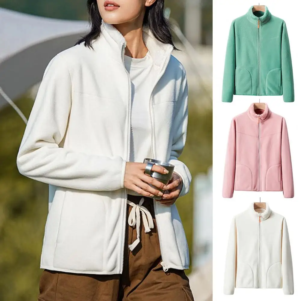 

Women Polyester Jacket Cozy Stand Collar Women's Winter Jacket Thick Plush Windproof Warm Cardigan with Zipper Closure Long