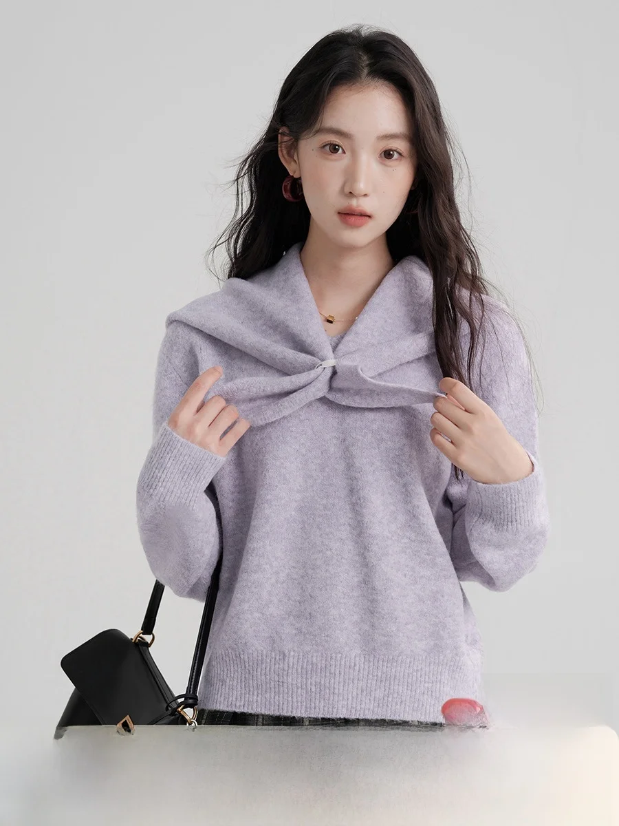Mu Purple V-neck Shawl Knit Women Autumn and Winter 2024 New Sweet Sle Long sleeve Loose Sweater