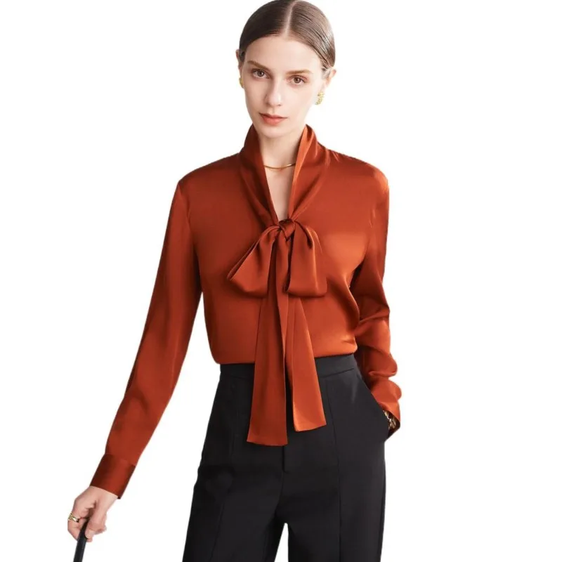 

Silk Shirts for Woman 93%Silk 7%Spandex Solid Long Sleeve Bow Collar Office Chic Blouse Shirt 2022 Spring Shirts
