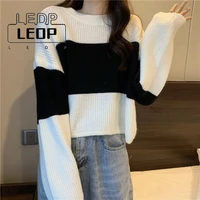 ledp autumn winter sweater ladies striped knit casual loose pullover top o neck streetwear long sleeve knit sweater cropped top