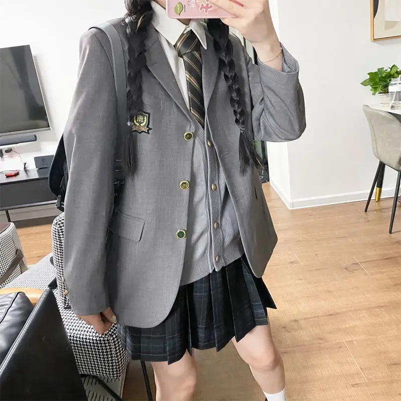 Sonbahar yeni JK üniforma Blazer japon okul kolej tarzı uzun kollu gri takım elbise ceket kadın