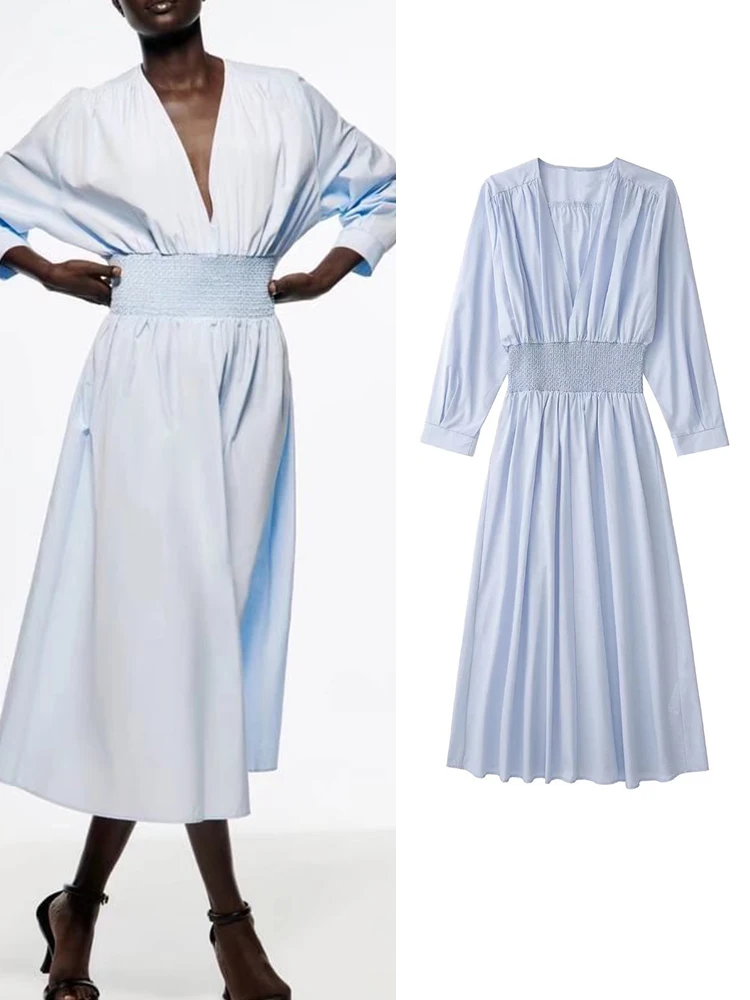 

TFMLN 2022 Summer Women Elastic Dresses Vintage V-neck Elegant Mid-Calf Dress Causal Solid Long Sleeve A-line Girls Outwear