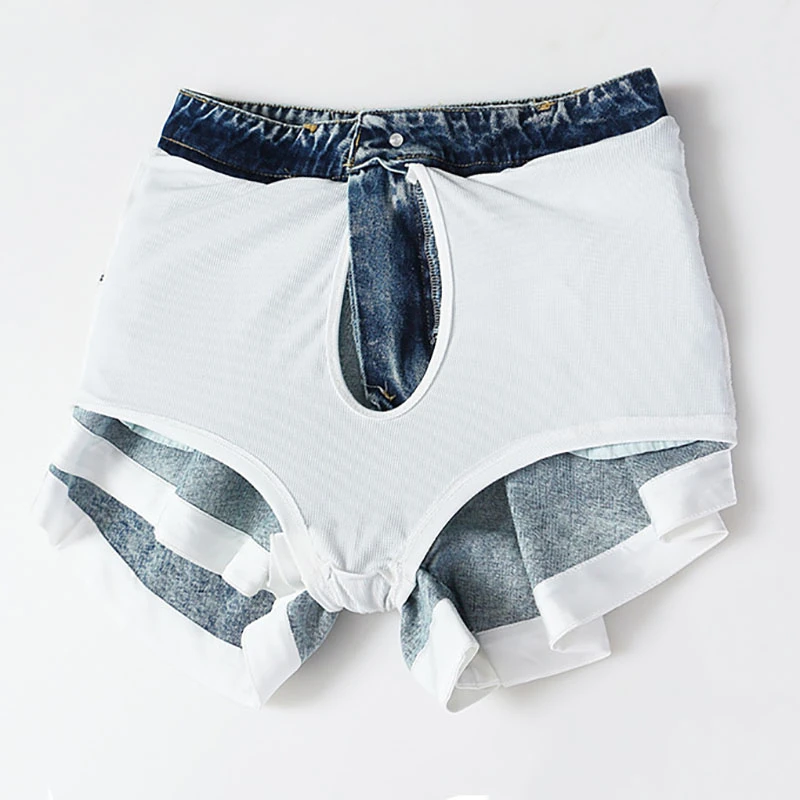 Super Elastic and Breathable Ruffled Big Swing Hit White Denim Shorts Women's Lace High Waist Pocket Zipper New Fashion Autumn