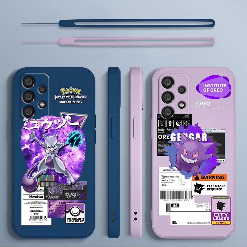 

Pokemons Mewtwo Gengar Psyduck Phone Case For Samsung A73 A53 A33 A52 A32 A71 A51 A21S A03S A50 A30 5G Liquid Rope Funda Cover