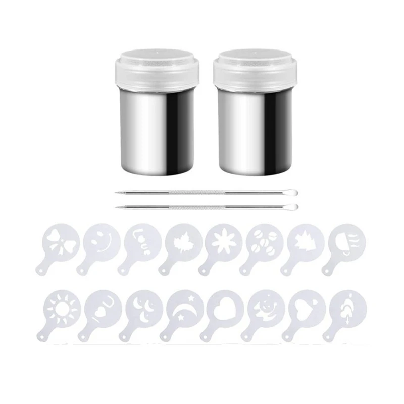 

2 Pcs Cocoa Shaker,Coffee Powder Shaker 16 Pcs Coffee Cappuccino Stencils & Barista Pen for Cappuccino Powder Sugar,Etc