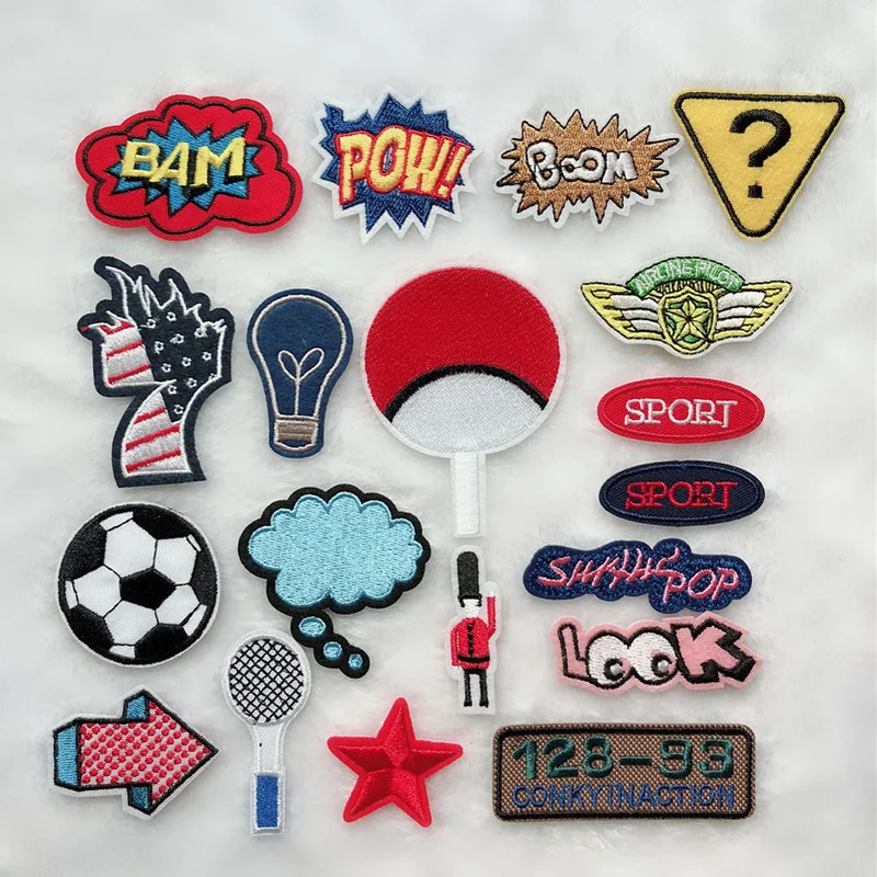 

100pcs/lot Fashion Embroidery Patch Cloud Label Ball Sports Star Letter Clothing Decoration Sewing Accessory Craft Iron Applique