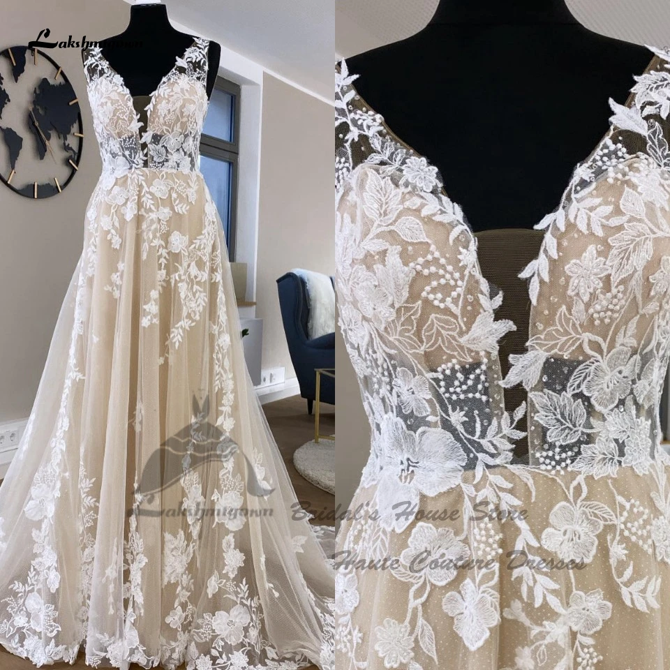 

Lakshmigown Vintage Champagne Lace Wedding Dresses Boho Style 2024 Robes V Neck Elegant Bridal Beach Gowns Cut Out Long Train