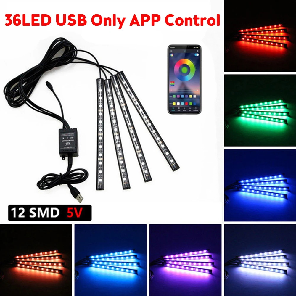 

36/48/72 LED Car Interior Ambient Foot Light Wireless Music Control Colorful Auto Atmosphere Lamp LED Light Strips Car Decor