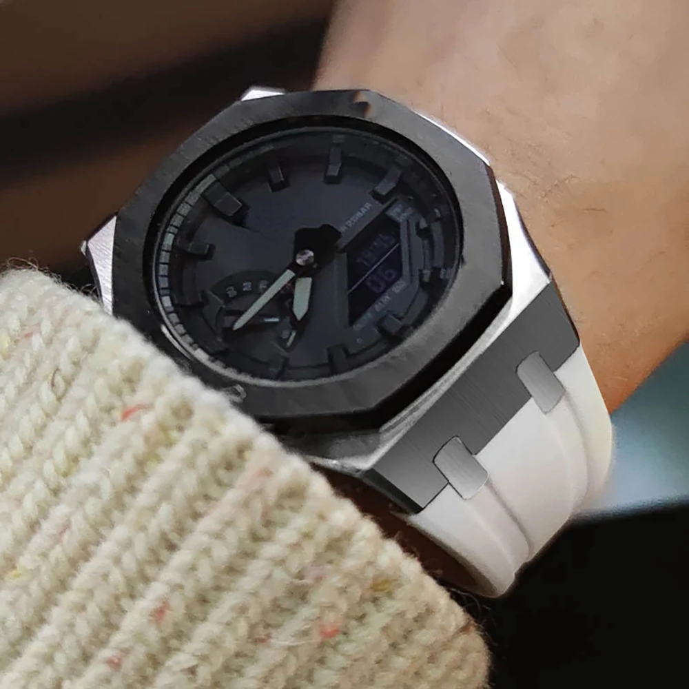 Metal+Silicone Strap For Casioak GA2100 Gen5 Mod Kit Metal Stainless Steel Cover Band For G-Shock GA-B2100/2110 Rubber Watchband