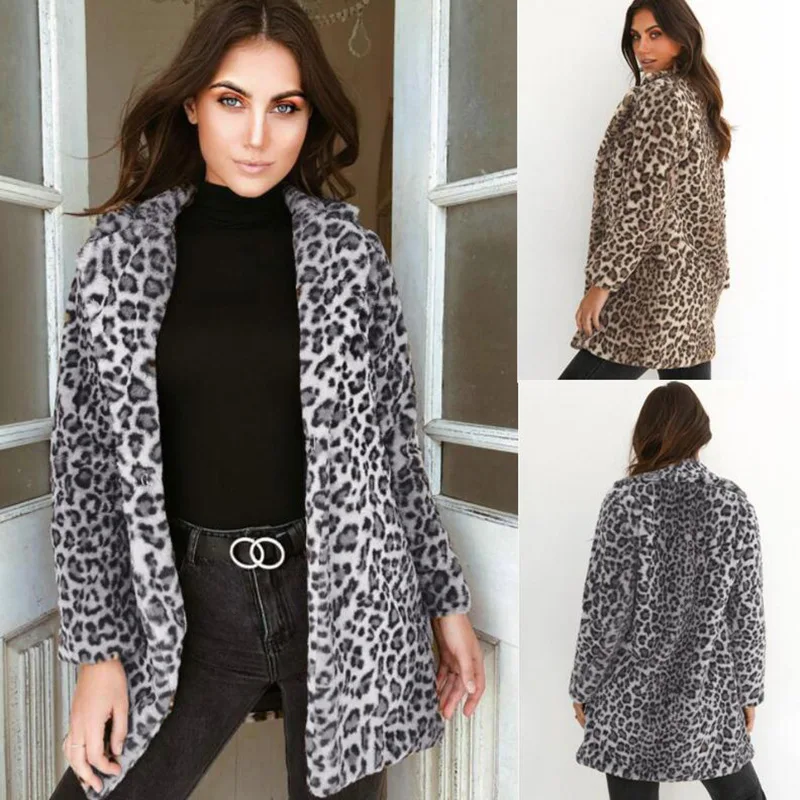 

New Fashion Leopard Print Coat Women's Mid length Plush Cardigan