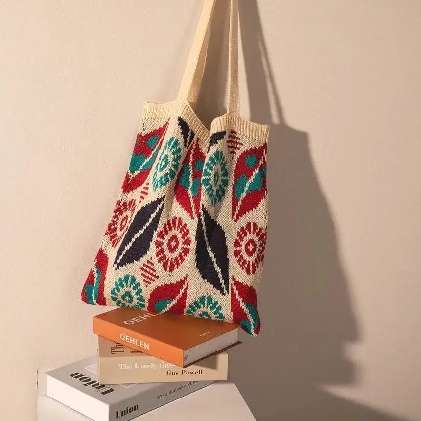 

Women Bag Knitting Bucket Tote Bag Casual Vintage Plaid Soft High-Capacity Shoulder Bag Handbag