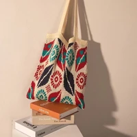 women bag knitting bucket tote bag casual vintage plaid soft high capacity shoulder bag handbag