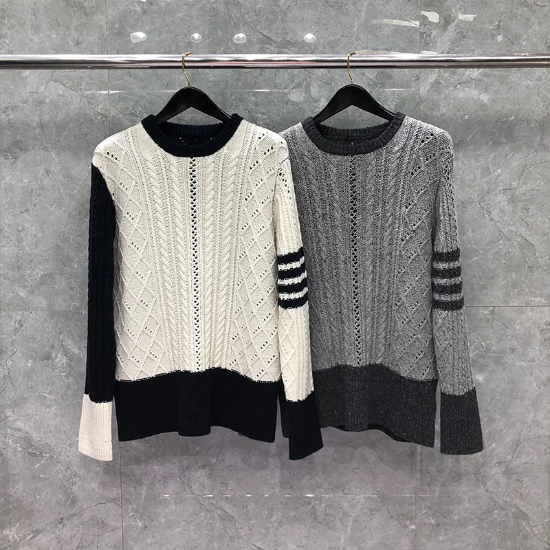 

2023 Fashion Luxury Brand TB Sweaters Men Women Slim O-Neck Patchwork Pullovers Clothing Striped Wool Thick Winter Casual Coat