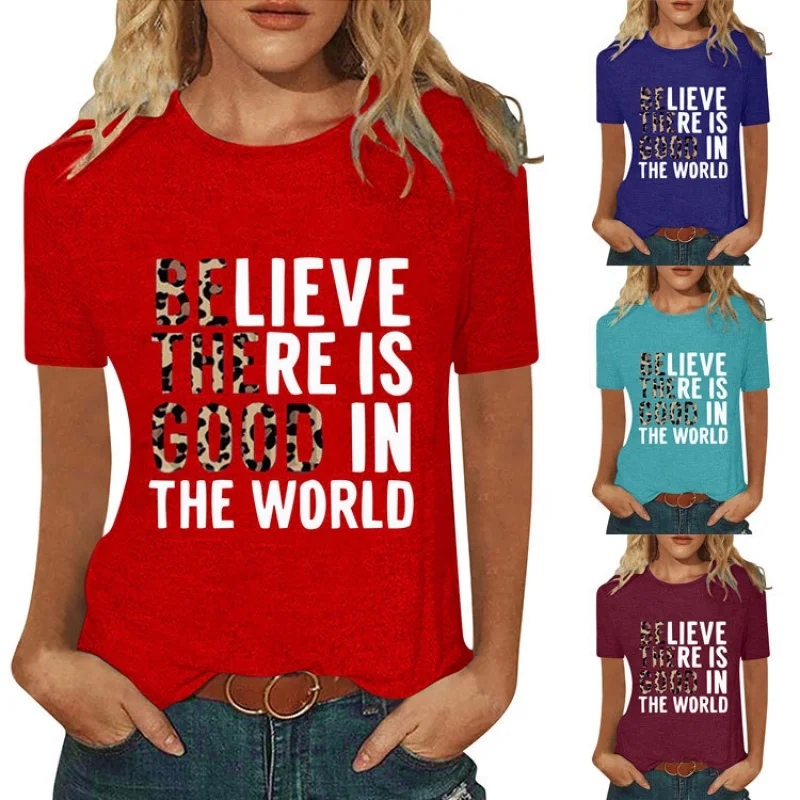 

Large size top letter print BELIEVE THERE IS loose casual women's T-shirt round neck short sleeve