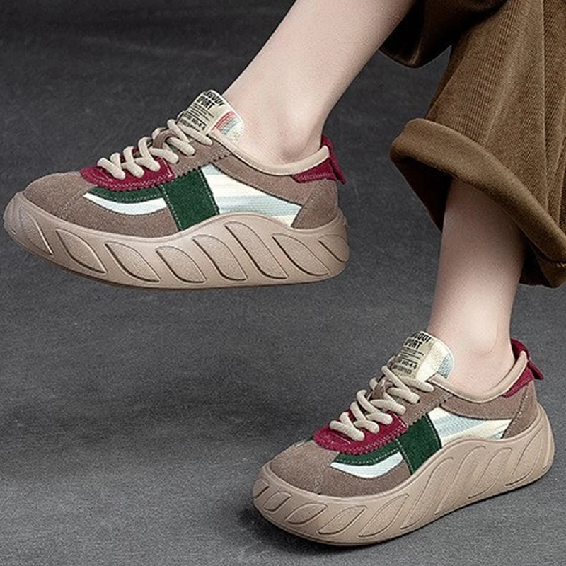 Mixed Colors Flats Comfy Shoes Women Sneakers Genuine Leather Lace-up 2023 New Fashion Handmade Leisure Platform Vulcanize Shoes