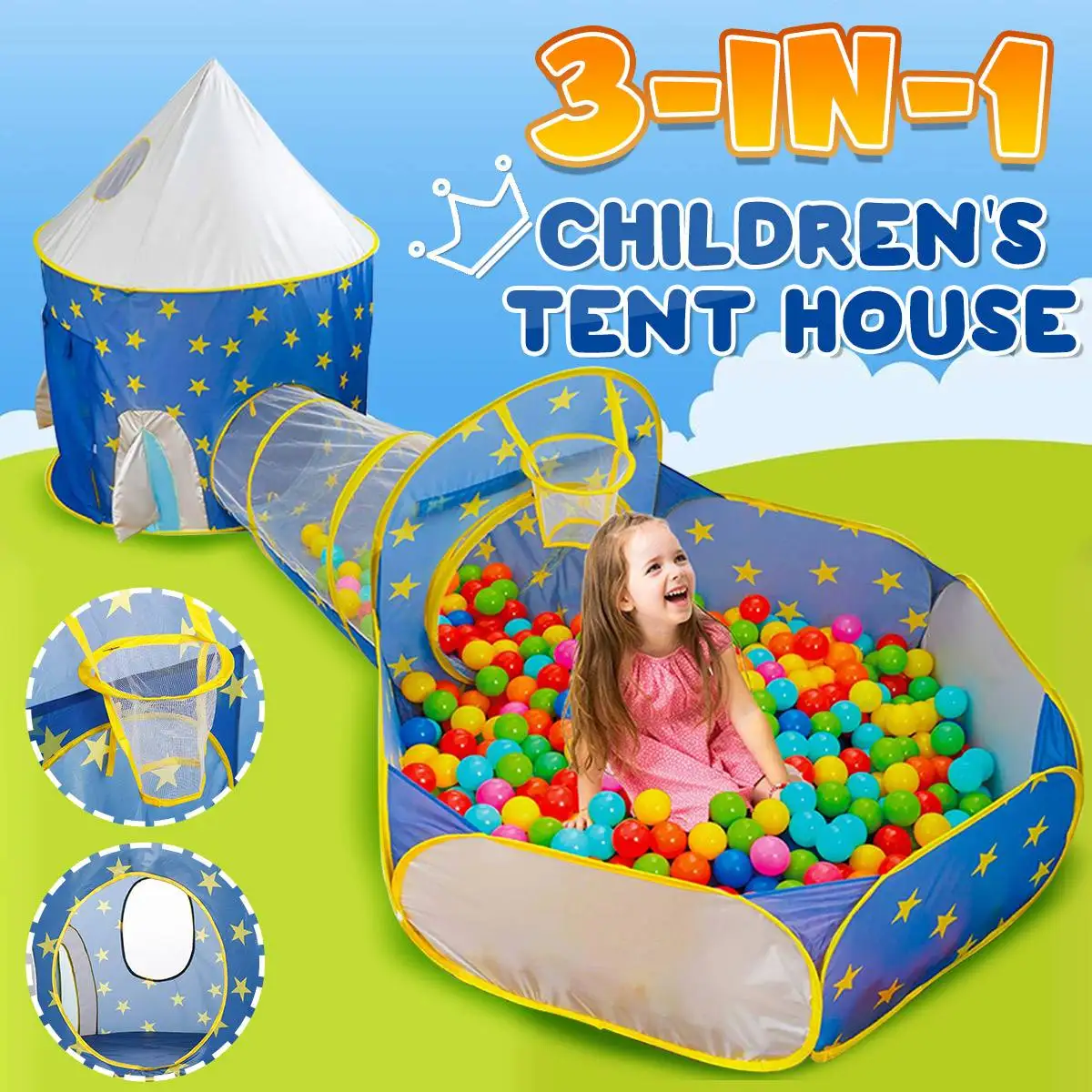 

Kids Tunnel 3 In 1 Tent House Play Toys Tent for Kids Foldable Children Crawling Portable Ocean Pool Little Houses